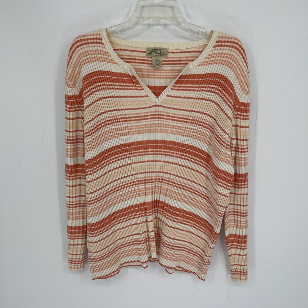 St John's Bay Women's Vintage Orange Striped Ribbed V-Neck Sweater Plus Size 2X